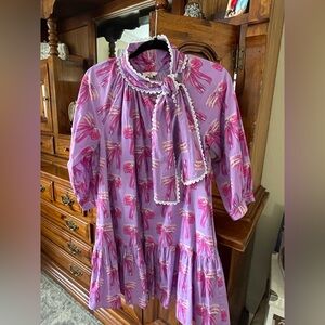 entro Purple Dress with Pink Floral Bow Print and White Scallop Trim